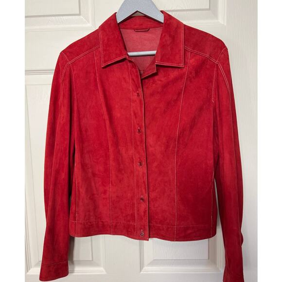 Gimo’s 100% Pelle Leather Red Button Front Jacket Made Italy Size FR 48 - Picture 1 of 7